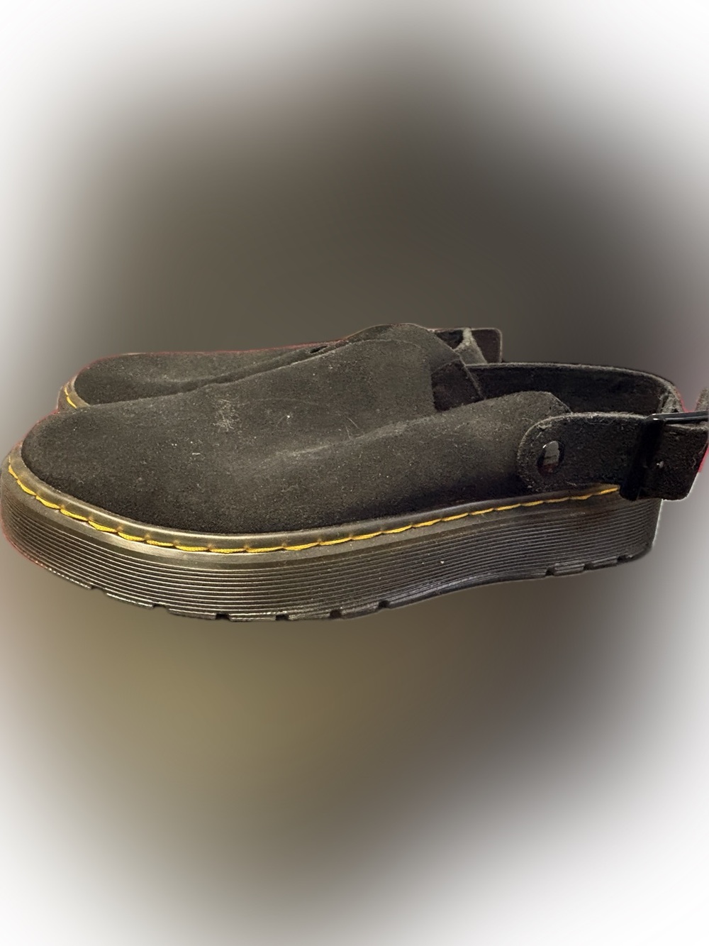 Dr. Martens Black Suede Clog Mule with Yellow Welt Stitching
